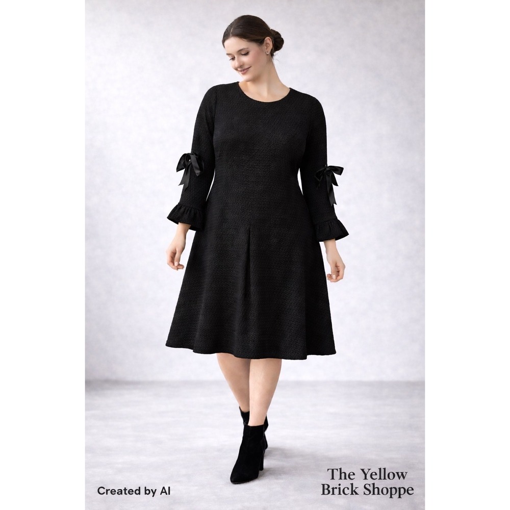 Clare & Tiffany Black Textured Fit‎ & Flare Dress Bow Sleeves Size 16